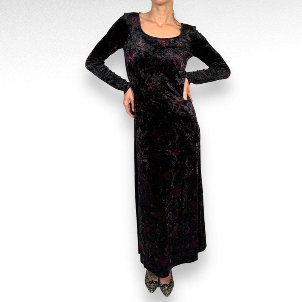 Vintage Y2K Velvet Floral Maxi Dress Black Purple Whimsigoth Goth Size Small